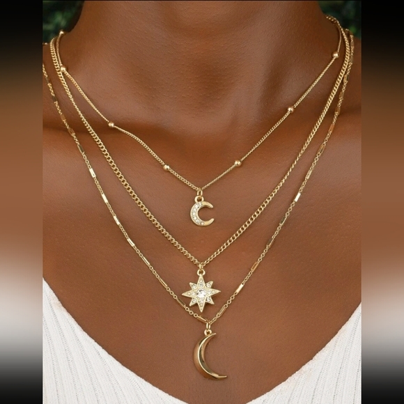 CELESTIAL LAYERED GOLD STAR AND MOONS NECKLACE 3 LAYERS NEW - Picture 1 of 5